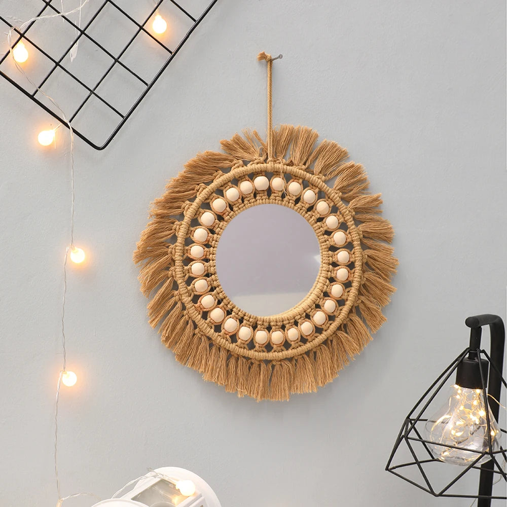 Miroir mural en macramé, Style Simple et créatif, rond tissé à la main, Art mural nordique, décoration de chambre à coucher, décoration murale suspendue